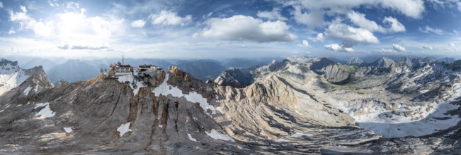 Alpine panorama, aerial view, Zugspitze and Zugspitzplatt with glacier, high mountains, Bavaria,