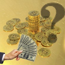Symbolic image, Bitcoin against dollar, question mark, stock market prices, insecure digital