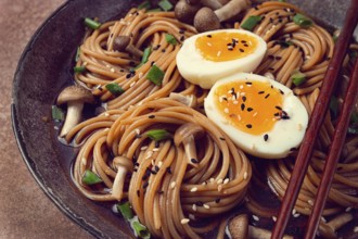 Buckwheat noodles, soba, with shimeji mushrooms, boiled egg, green onion, sesame seeds, homemade,