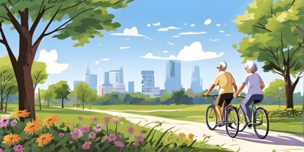 Vector cartoon illustration of an elderly couple cycling in a city park in summer, AI generated