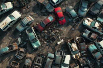 Aerial view, top down view of a scrap car, wreck, in a scrap yard, car graveyard, AI generated, AI