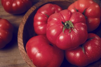 Pink tomatoes, in a rustic wooden bowl, close-up, no people
