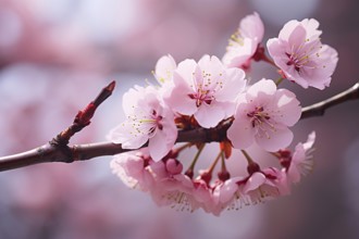 Close up of branch with pink cherry blossom flowers. KI generiert, generiert AI generated