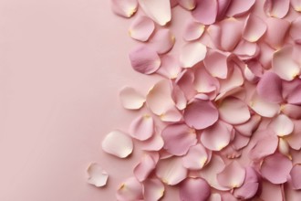 Pink rose flower petals on pink background with copy space. KI generiert, generiert, AI generated