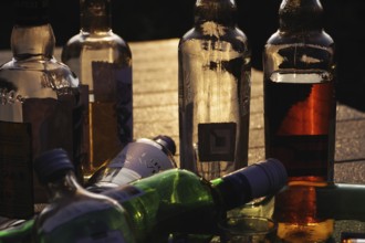 Alcohol, glass bottles, atmosphere, backlight, colourful, alcohol problem, empty and partially