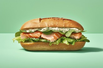 Salmon fish sandwich on green background. KI generiert, generiert AI generated