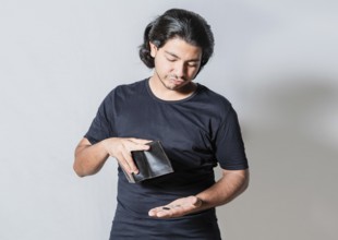 Unhappy man with financial crisis isolated. Person with financial crisis holding wallet. Sad man