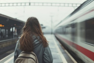Woman at platform with passing train. KI generiert, generiert, AI generated