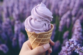 Hand holding purple ice cream in cone with purple flowers in blurry background. KI generiert,