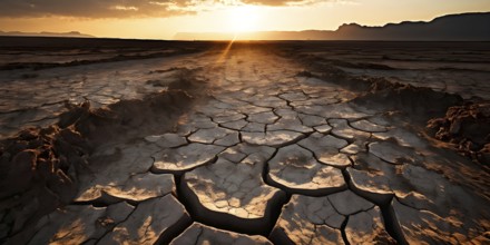 Desolate agricultural farmland with dried crops in sunrise, AI generated