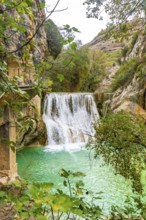 Beautiful landscape in the waterfalls next to the path on the Vero River walkways in Alquezar.