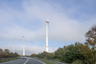 Wind turbines on your main road, Mecklenburg-Western Pomerania, Germany, Europe