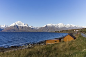 Snow-covered mountains at Lyngen Fjord, September 2024, Norway, Europe