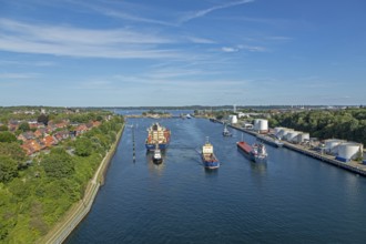 Cargo ships waiting in front of the lock, Kiel Canal, Holtenau, Kiel, Schleswig-Holstein, Germany,