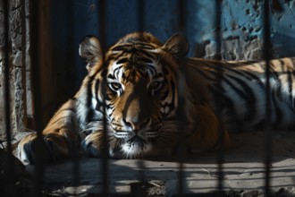 Tiger in cage behind bars. Generative Ai, AI generated