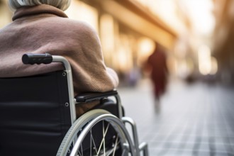 Back view of woman in wheelchair in city street. KI generiert, generiert AI generated