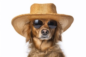 Portrait of dog with cool sunglasses and summer straw hat on white background. KI generiert,