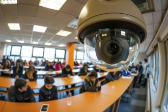 A surveillance camera, CCTV, in a classroom, school building, AI generated, AI generated, AI