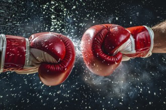 Close up of two red clashing boxing gloves in fight. Generative Ai, AI generated