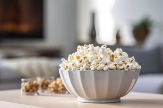 Bowl with popcorn snack on table. KI generiert, generiert AI generated