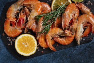 Freshly frozen shrimp, with lemon and rosemary, on black slate, close-up, top view, no people