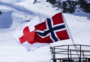 National day 17th May, snowscooter, norwegian flag, near Finse, highest railway station on railway