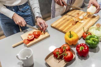 Two chefs slicing fresh tomatoes and onions on wooden cutting boards, surrounded by colorful bell