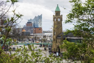 St. Pauli Landungsbrücken with the pier tower and the Elbe, Elbe Philharmonic Hall in the