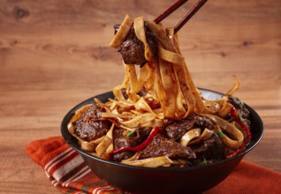 Udon noodles with beef in Mongolian style, with green onions and vegetables, served in a black