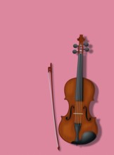 Violin and bow over pink, copy space texttured effect background