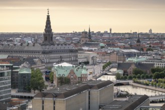 City centre with stock exchange, Christiansborg Palace and Gammel Strand, Copenhagen, Denmark,