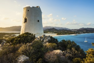 Panorama, Saracen tower and beach, sunset, Torre di Porto Giunco, Spiaggia di Porto Giunco, Capo