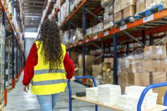 Rear view of a woman with trolley working in a distribution warehouse