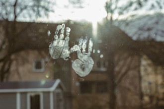 Fingerprints on a window in sunlight with houses in the background