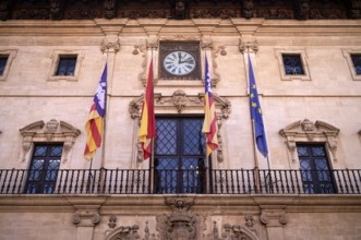 Historic town hall, flags, clock, Palma de Majorca, Majorca, Balearic Islands, Balearic Islands,