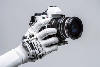 White android hand holding photo camera. Concept for photographes creaded by artificial