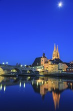 Church and bridge reflected in river, twilight, moon, idyllic, Regensburg Cathedral and stone