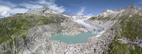 Rhone glacier, valley glacier in the headwaters of the Rhone in the Swiss Alps. Melting glacier,