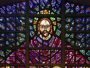 Detail of Blessed Sacrament Chapel stained glass window, Buckfast Abbey, Buckfastleigh, Devon.