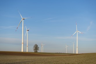 Several wind turbines rotating over a wide field, sustainable energy generation shown, solar park,