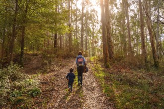 Mother and son in the forest on the Urdaburu mountain trail in Errenteria, Gipuzkoa. Basque Country
