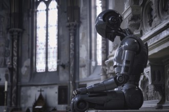 A humanoid sits in a church, signalling devotion and spirituality with its posture, vision of the