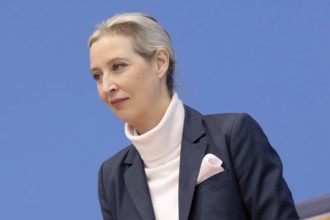 Dr Alice Weidel (top candidate and party chairwoman) at the AfD press conference during the review
