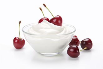 Bowl with yogurt and cherry fruits on white background. KI generiert, generiert, AI generated