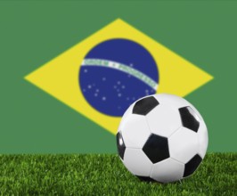 The Brazilian flag and soccer ball on the green grass