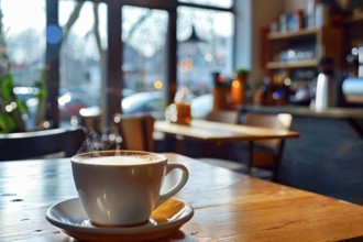 Coffee break in a stylish café with a view of the lively street atmosphere, AI generated, AI