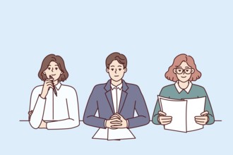 Business people from recruiting company with skeptical expression are conducting interview sitting