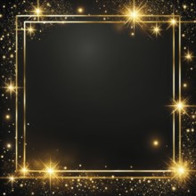 Golden frame with star bursts and glittering sparkles on a dark background, evoking a magical and