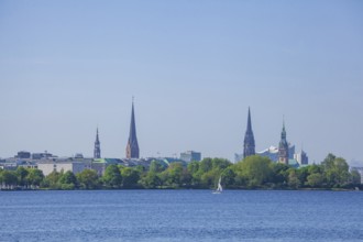 Outer Alster with St Peter's Church, City Hall, Elbe Philharmonic Hall concert hall and the former
