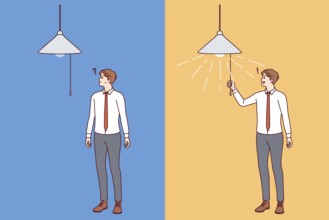 Business man came up with idea to get out of difficult situation, turns on light in room.